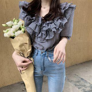 Plaid V-neck Ruffle-trim Blouse