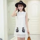 Swan Embroidered Sleeveless Collared Dress