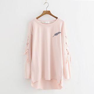 Long-sleeve Lace-up Embroidery Top