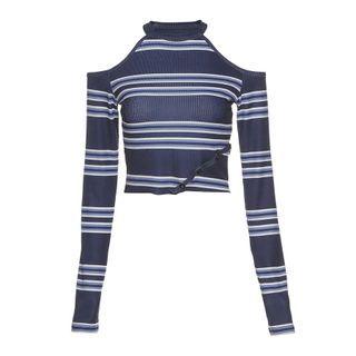 Long-sleeve Cold-shoulder Striped Cropped T-shirt