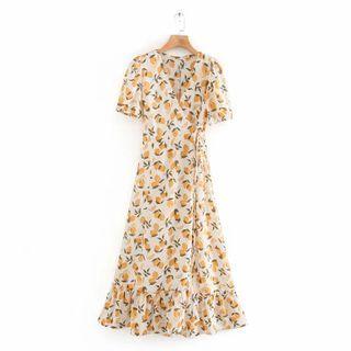 Short-sleeve Orange Print A-line Dress