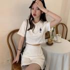 Set Of 2: Polo Short-sleeve Embroidered Printed Top + High-waist Plain Skirt