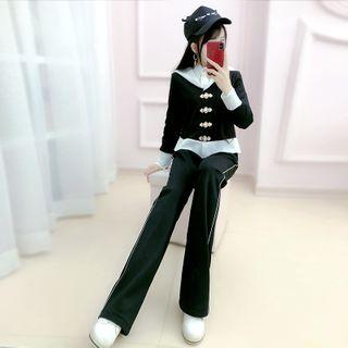 Set: Two Tone Button-up Hooded Jacket + Boot-cut Pants
