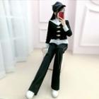 Set: Two Tone Button-up Hooded Jacket + Boot-cut Pants