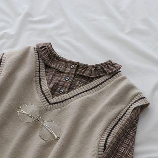 Plaid Ruffle Loose-fit Shirt Almond - One Size