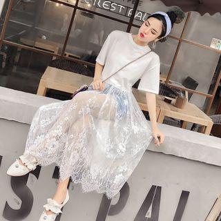 Short-sleeve Lace-panel Midi Dress