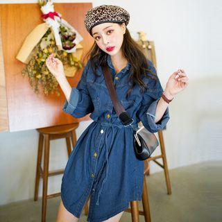 Drawstring-waist Stitched Denim Shirtdress Dark Blue - One Size