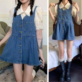 Short-sleeve Frilled Blouse / Denim Tank Dress