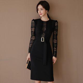 Long-sleeve Belted Lace Panel Sheath Dress