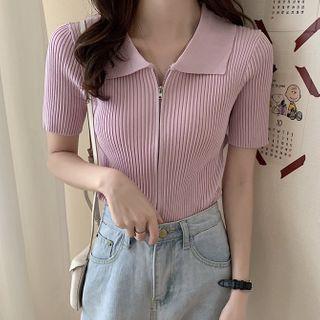 Short-sleeve Ribbed Zip-up Polo Knit Top