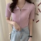 Short-sleeve Ribbed Zip-up Polo Knit Top