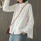 Long-sleeve Flower Embroidered Blouse White - One Size