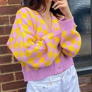 Long Sleeve V-neck Color-block Plaid Crop Cardigan