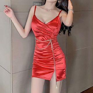 Spaghetti-strap Chain Accent Mini Bodycon Dress