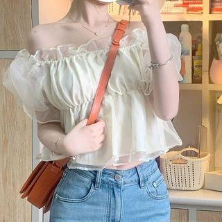Off-shoulder Ruffle Trim Cropped Blouse Beige - One Size