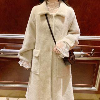 Single-breasted Furry Midi Coat Beige - One Size