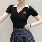 Short-sleeve Cheery Collared Top Black - One Size