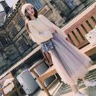 V-neck Sweater / Mesh A-line Midi Skirt / Set