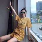 Short-sleeve Lettering T-shirt / Mini Plaid Sheath Skirt