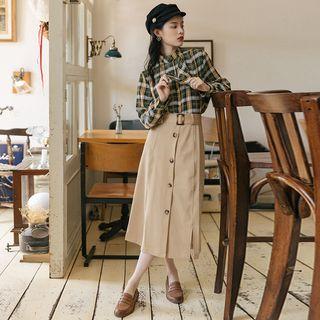Set: Plaid Blouse + Midi A-line Skirt