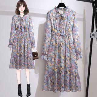 Long-sleeve Bow-neck Floral Print Midi A-line Dress
