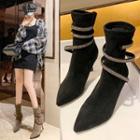 Faux Suede Spool-heel Rhinestone Strap Pointed Ankle Boots