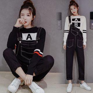 Set: Striped Sweater + Pocketed Denim Dungarees
