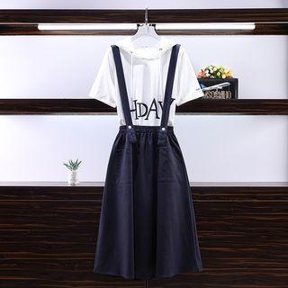 Set: Elbow-sleeve Lettering Hooded T-shirt + Suspender Skirt