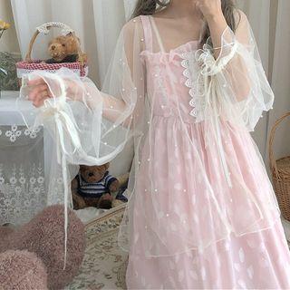 Faux Pearl Balloon-sleeve Mesh Jacket