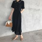 Color-block Peter-pan Collar Short-sleeve Slim-fit Dress Black - One Size