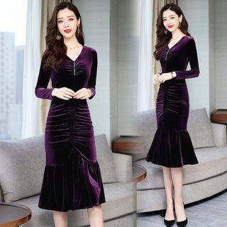 Long-sleeve Ruched Ruffle Hem Velvet Sheath Dress