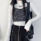 Long Sleeve Applique T-shirt / Leopard Print Cropped Camisole