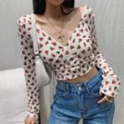 Long-sleeve Floral Print Wrap V-neck Crop Top