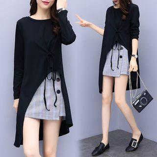 Set: Long-sleeve Asymmetric Top + Plaid A-line Skirt
