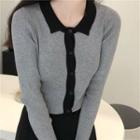 Long-sleeve Contrast Trim Cropped Knit Top Gray - One Size