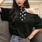 One Shoulder Bow Accent Short Sleeve Top