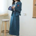 Rose Embroidered Corduroy Jacket / Midi A-line Skirt