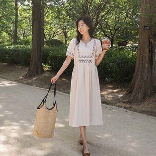 Notch-neck Embroidered Long Dress
