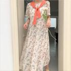Set: Floral Midi A-line Dress + Plain Shawl