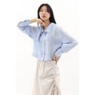Textured Sheer Cropped Shirt Sky Blue - One Size