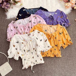 Short-sleeve Butterfly Print Cropped Blouse