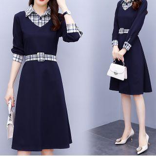 Long-sleeve Plaid Mock Two-piece Midi Dress