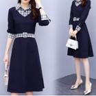 Long-sleeve Plaid Mock Two-piece Midi Dress