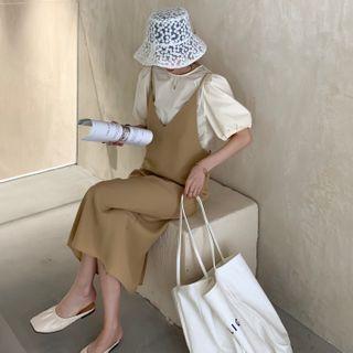 Plain Puff-sleeve Blouse / Spaghetti Strap Midi A-line Dress / Set