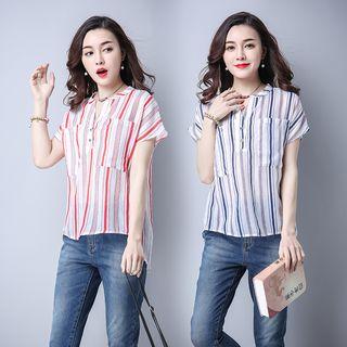 Striped Split Neck Short Sleeve Shirt