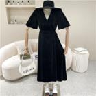 V-neck Tie-waist Midi A-line Dress Black - One Size