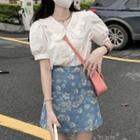 Puff-sleeve Ruffled Blouse / Floral Print A-line Skirt