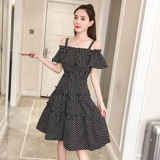 Short-sleeve Cutout Dotted A-line Dress
