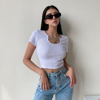 Chain Strap Open-front Short Sleeve Cropped Top