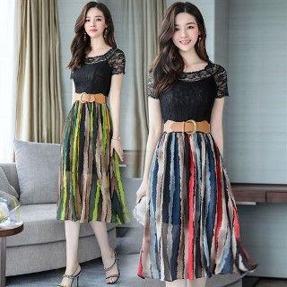 Lace Panel A-line Dress With Belt